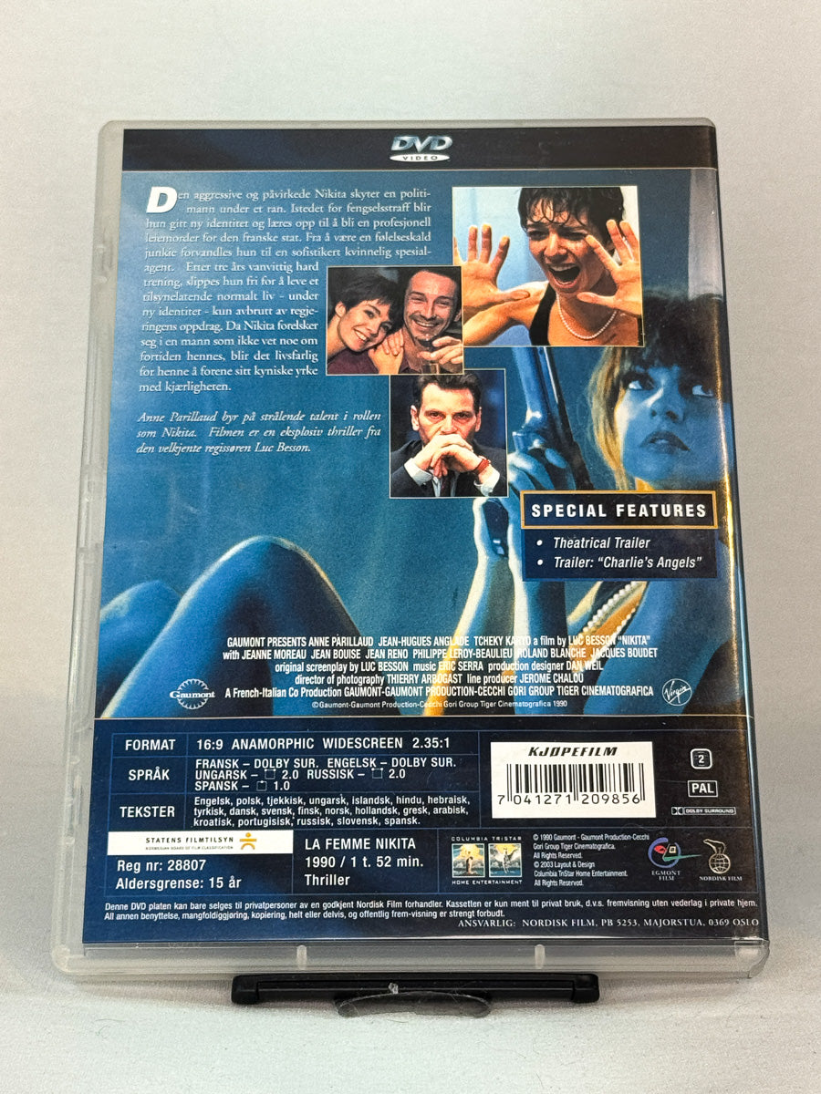 Bakside av Nikita på DVD, second hand film med tekstinfo, lydvalg og spesialmateriale hos Brukbar Film