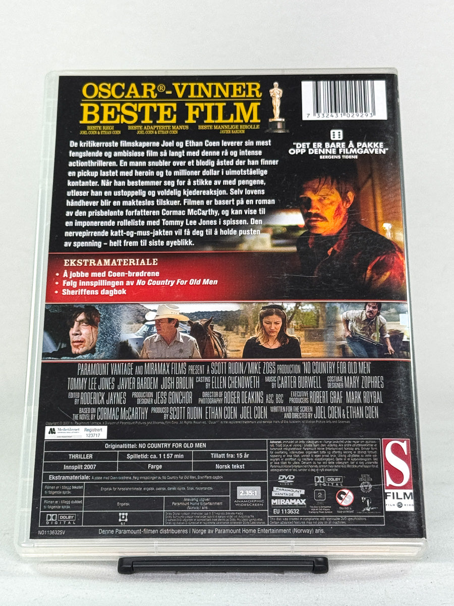 Bakside av DVD-utgivelsen No Country for Old Men, second hand film med oversikt over språk, tekst og bonus hos Brukbar Film