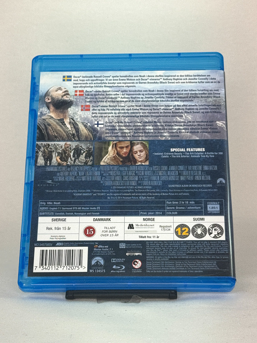 Bakside av Blu-ray-cover til Noah – visuelt mektig eventyrdrama om tro, håp og overlevelse, brukt Blu-ray hos Brukbar Film.