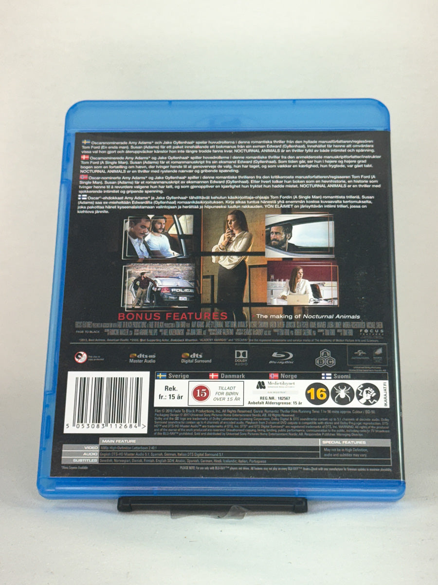 Bakside av Blu-ray-cover til Nocturnal Animals – psykologisk thriller om hevn og kjærlighetens mørke sider, brukt Blu-ray hos Brukbar Film.