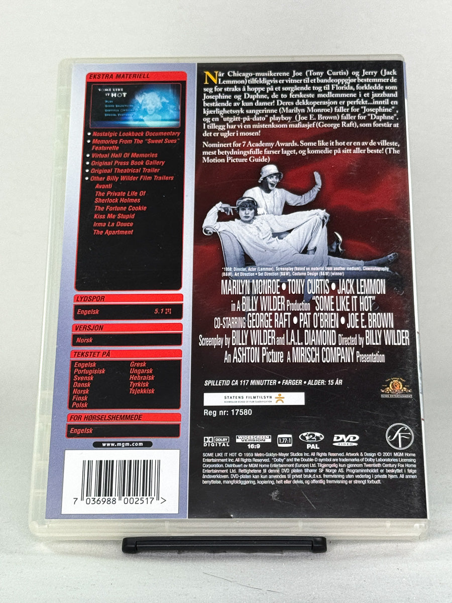 Bakside av DVD-cover til Some Like It Hot – brukt originalfilm; informasjon om innhold og ekstramateriale.