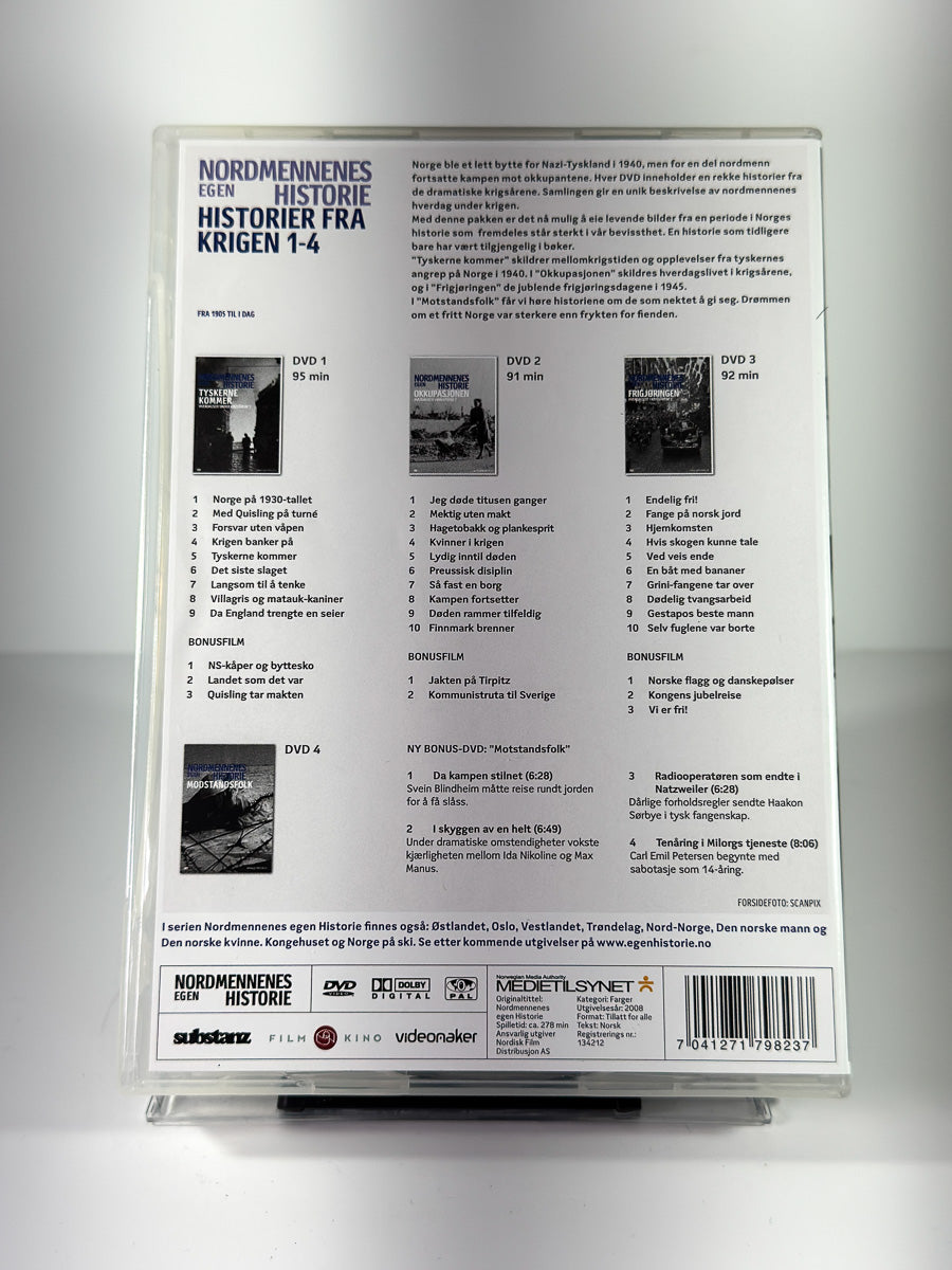 Bakside av cover til Nordmennenes egen historie Historier fra krigen 1-4, bruktfilm på DVD hos Brukbar Film