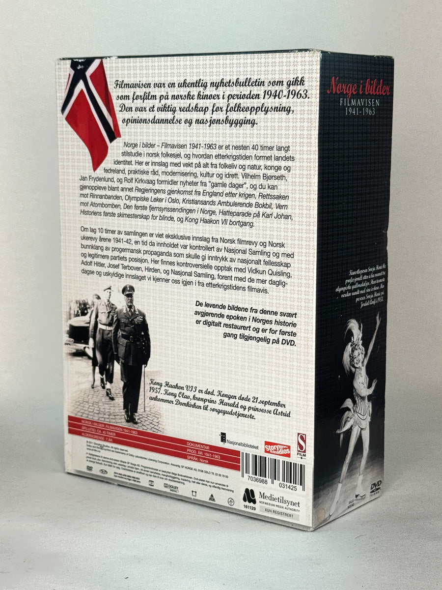 Bakside av DVD-cover for Norge i bilder – Filmavisen 1941–1963, norsk dokumentarserie – brukte filmer hos Brukbar Film