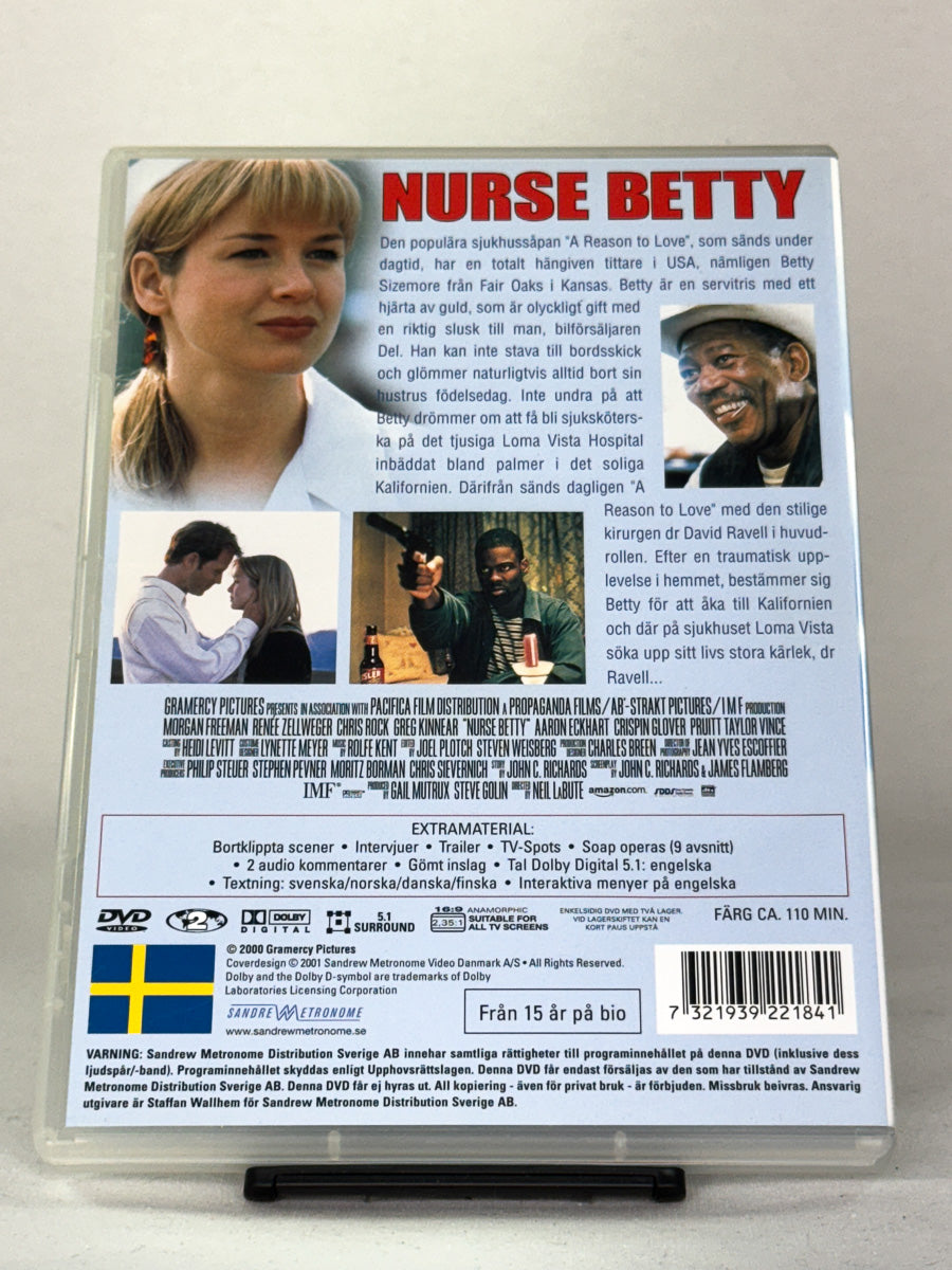 Bakside av DVD-cover til filmen Nurse Betty, bruktfilm hos nettbutikken Brukbar Film