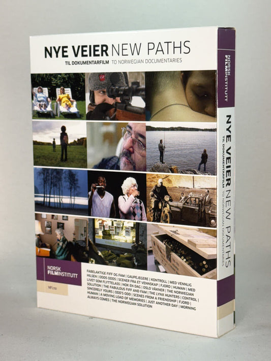 Forside av DVD-cover til Nye Veier / New Paths – Til dokumentarfilm – utgitt av Norsk filminstitutt med norske dokumentarfilmer om liv, minner og samfunn, brukt DVD hos Brukbar Film.
