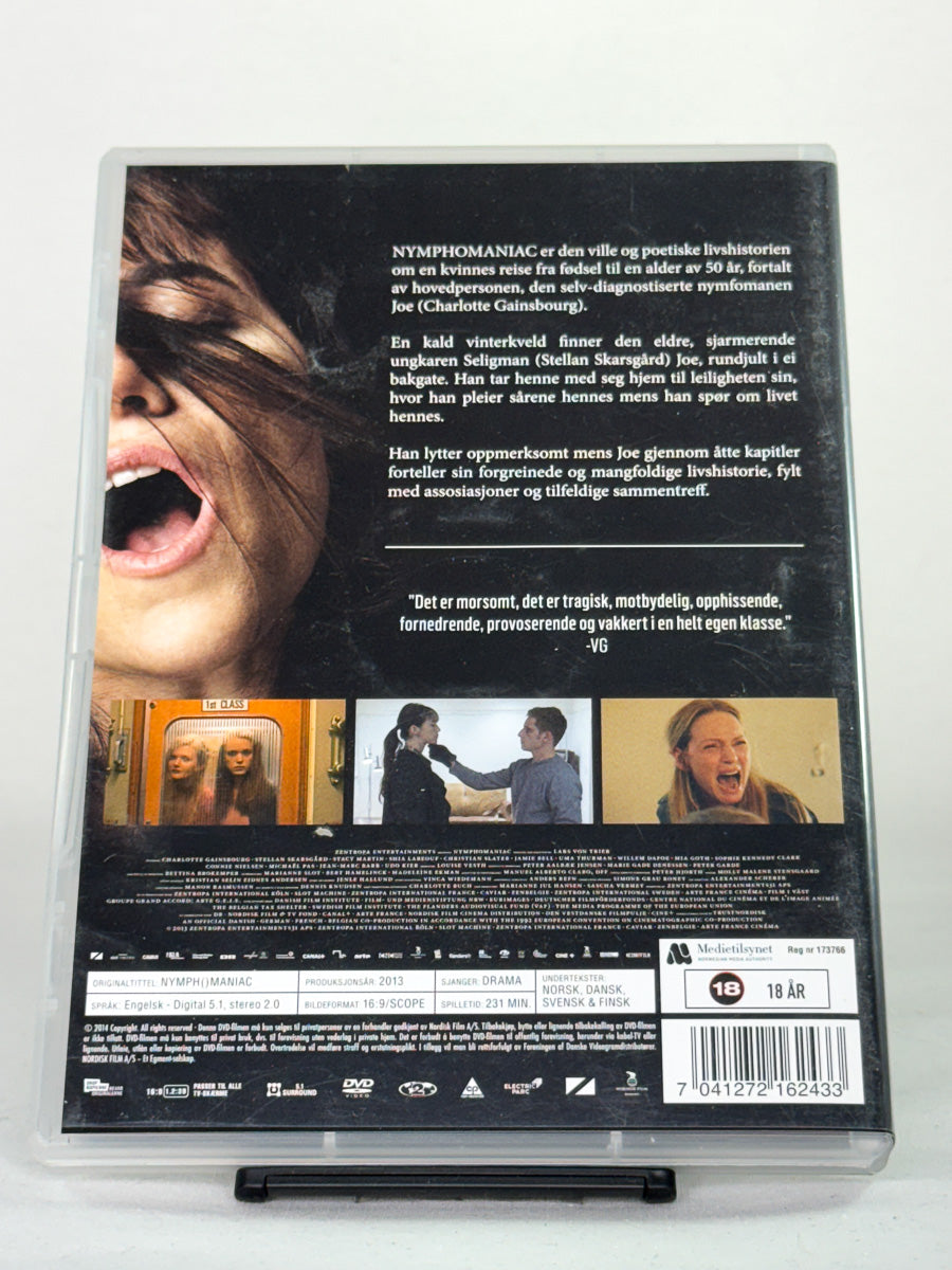 Bakside av DVD-cover til Nymphomaniac – brukt drama- og erotisk film på DVD, tilgjengelig hos Brukbar Film