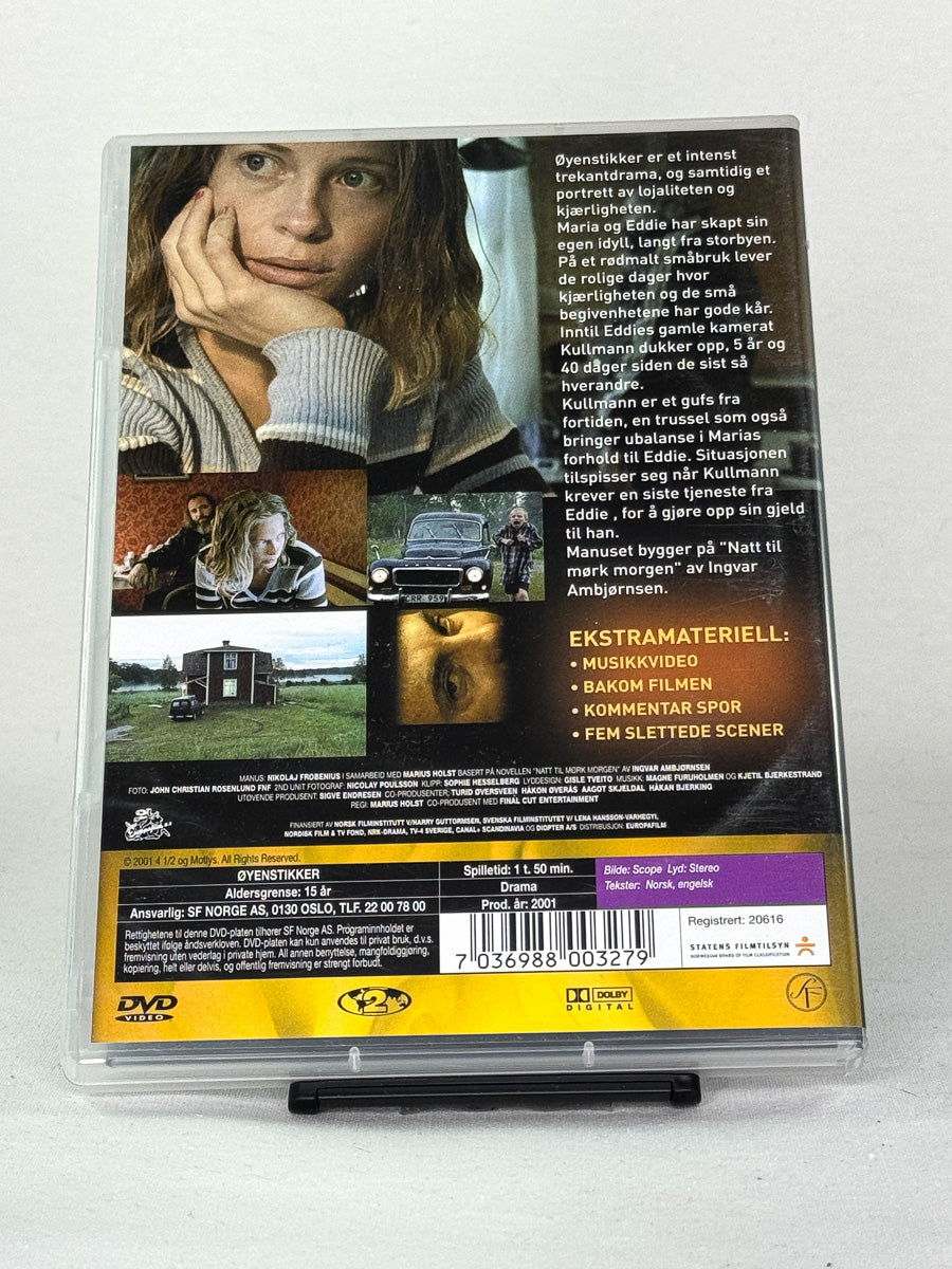 DVD-bakside til filmen Øyenstikker
Baksiden viser info, spesifikasjoner og eventuell ekstratekst – produktbilde fra nettbutikken Brukbar Film