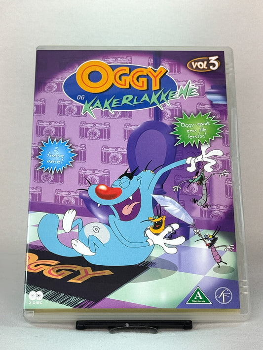 Forside av DVD-cover til Oggy og kakerlakkene Vol. 3 – tegneserieklassiker med humor for hele familien, brukt DVD hos Brukbar Film.