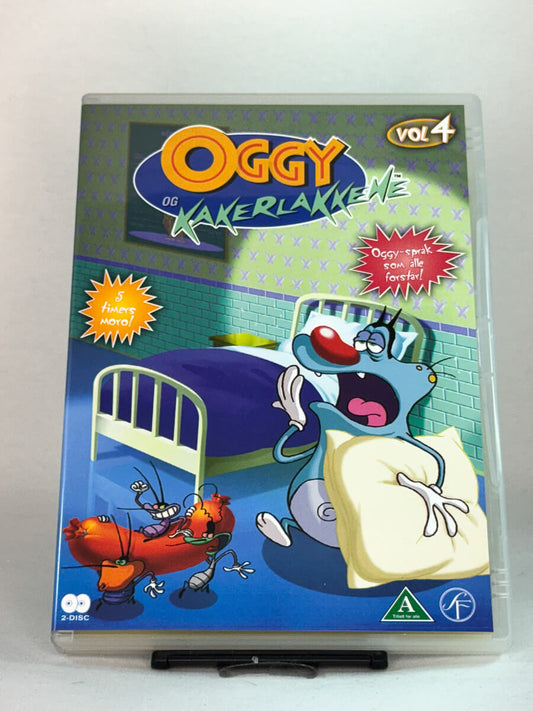 Forside av DVD-cover til Oggy og kakerlakkene Vol. 4 – kaotisk og morsom tegneserie med fem timer full av slapstick, brukt DVD hos Brukbar Film.