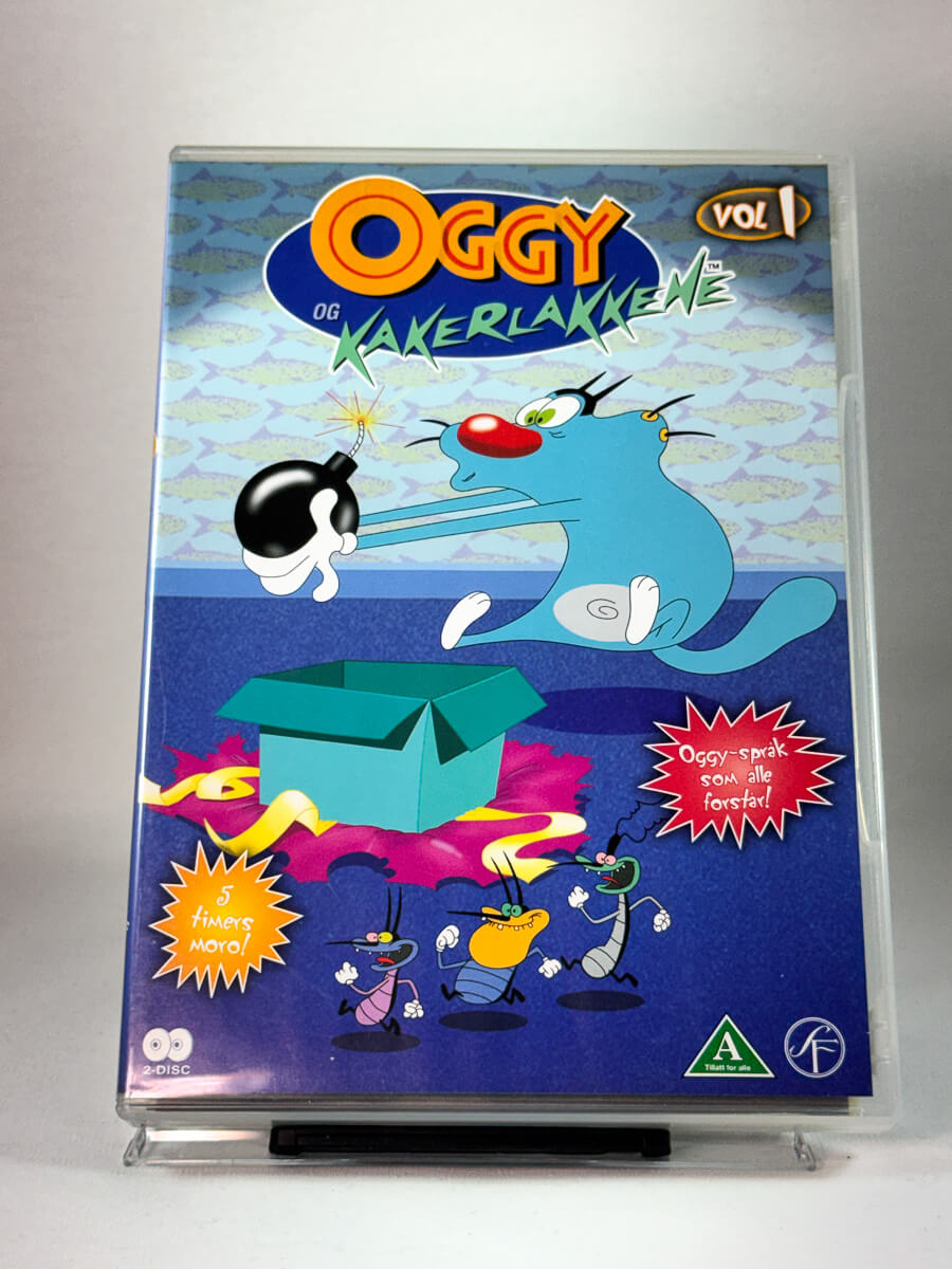 Forside av DVD-cover til Oggy og kakerlakkene – Volum 1, bruktfilm hos nettbutikken Brukbar Film