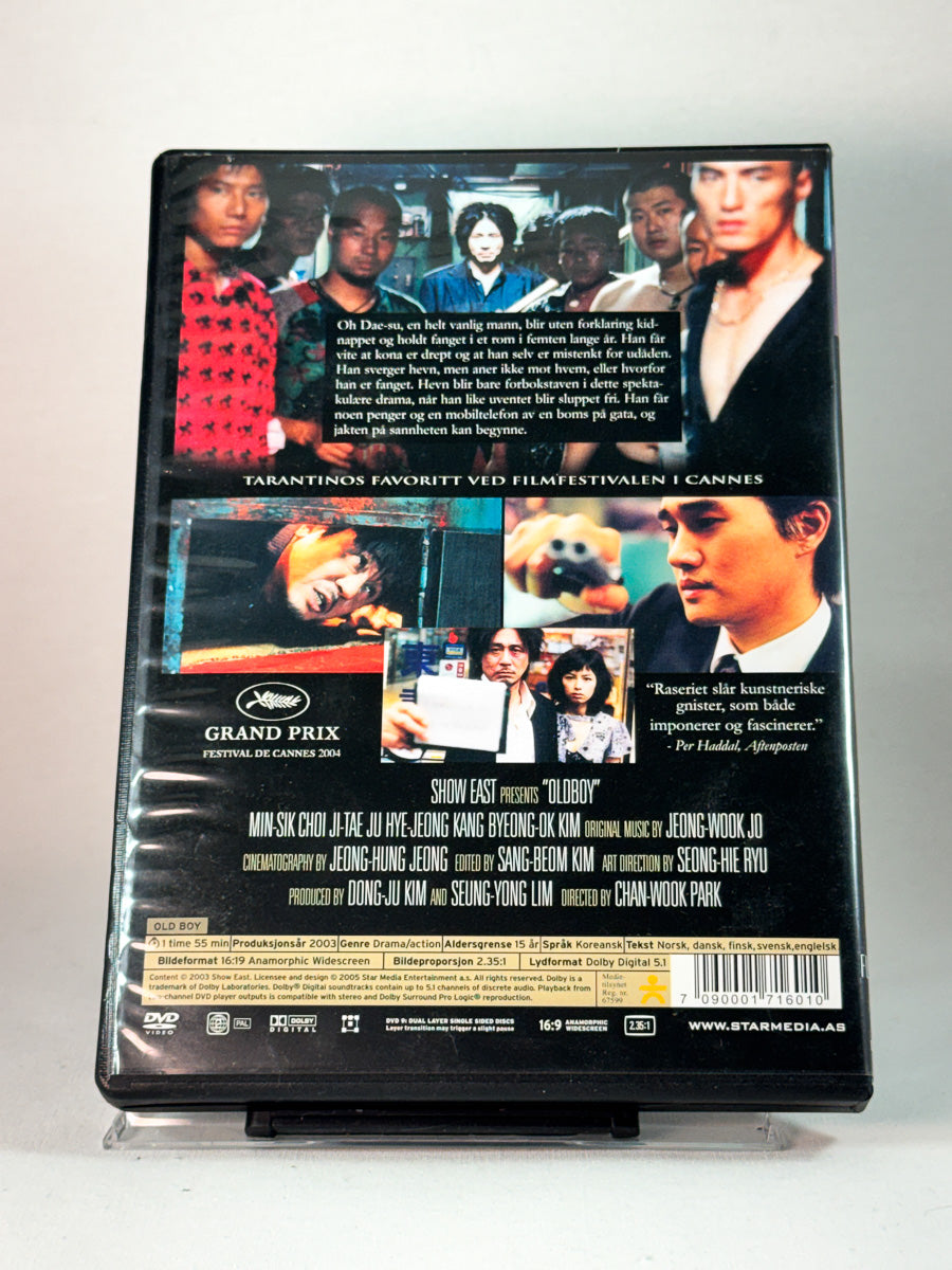 Bakside av cover til Oldboy, brukt DVD hos Brukbar Film