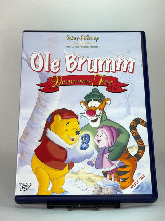 Forside av DVD-cover til Ole Brumm – Vennenes fest – vinterlig Disney-historie om vennskap og glede i Hundremeterskogen, brukt DVD hos Brukbar Film.
