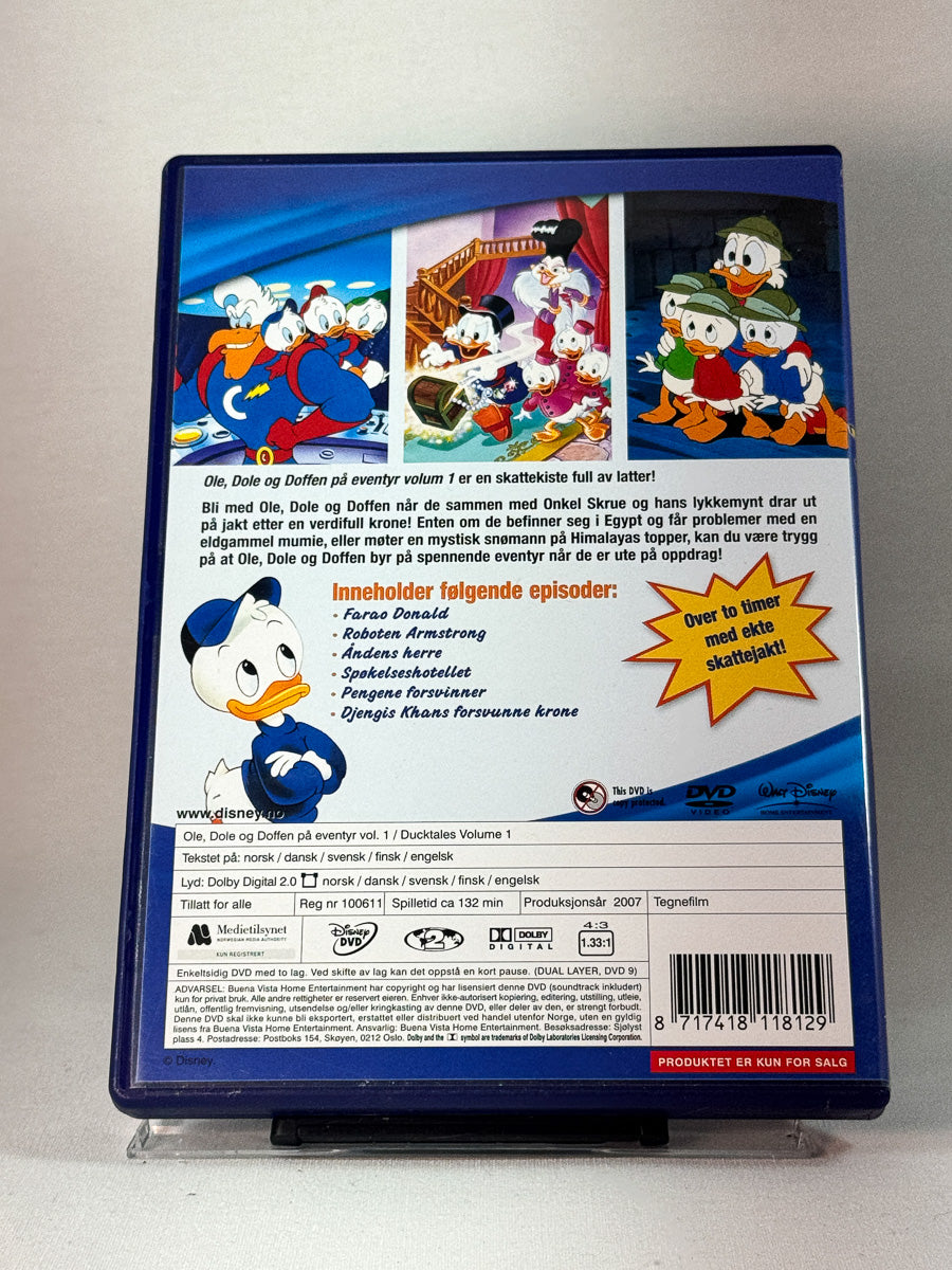 Bakside av cover til Ole, Dole og Doffen på eventyr vol. 1, brukt original DVD hos Brukbar Film