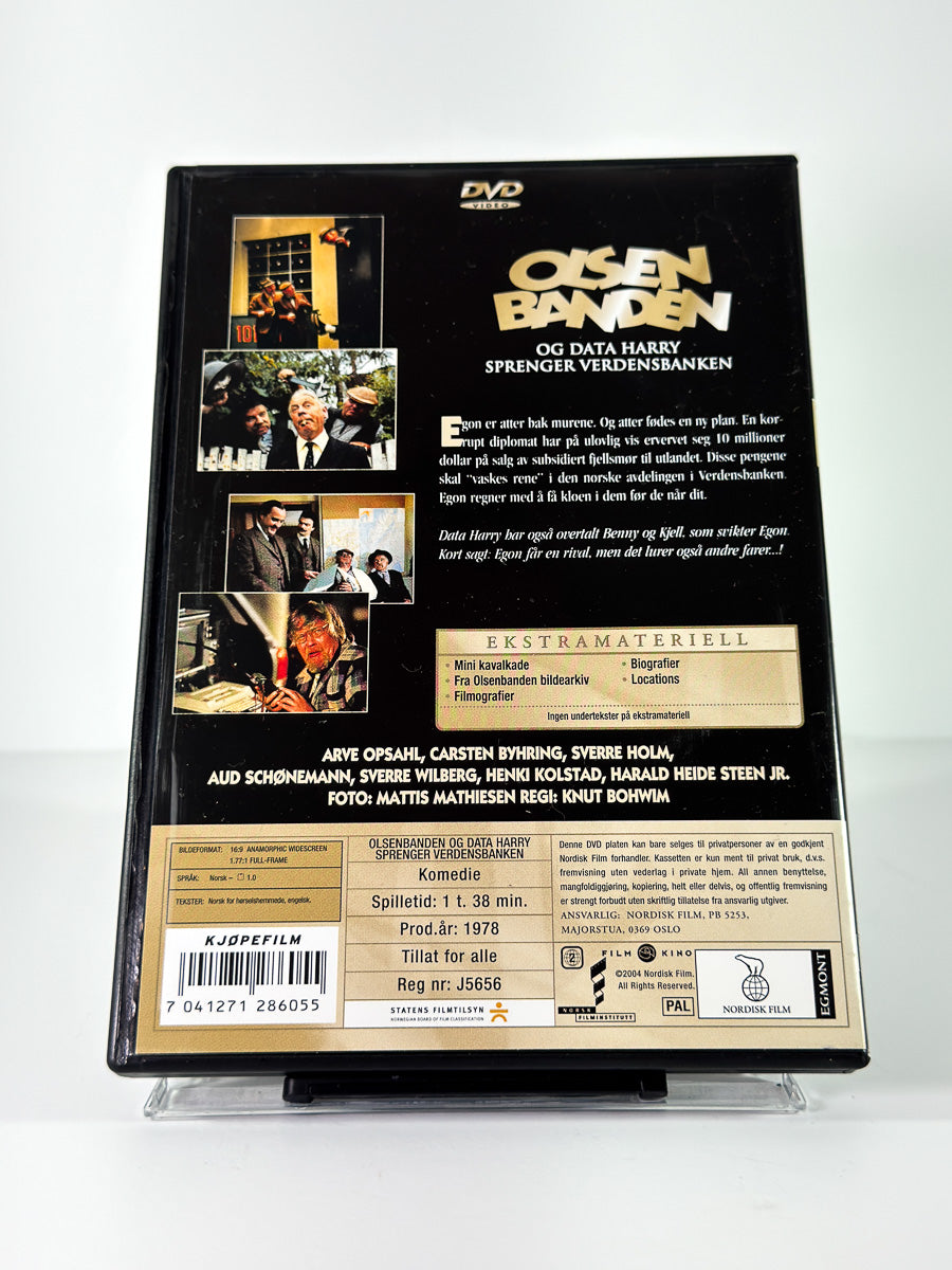 Bakside av cover til Olsenbanden og Data Harry sprenger Verdensbanken på DVD