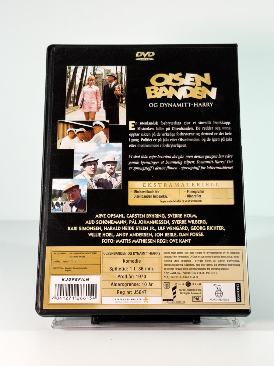 Bakside av cover til Olsenbanden og Dynamitt-Harry, bruktfilm på DVD hos Brukbar Film