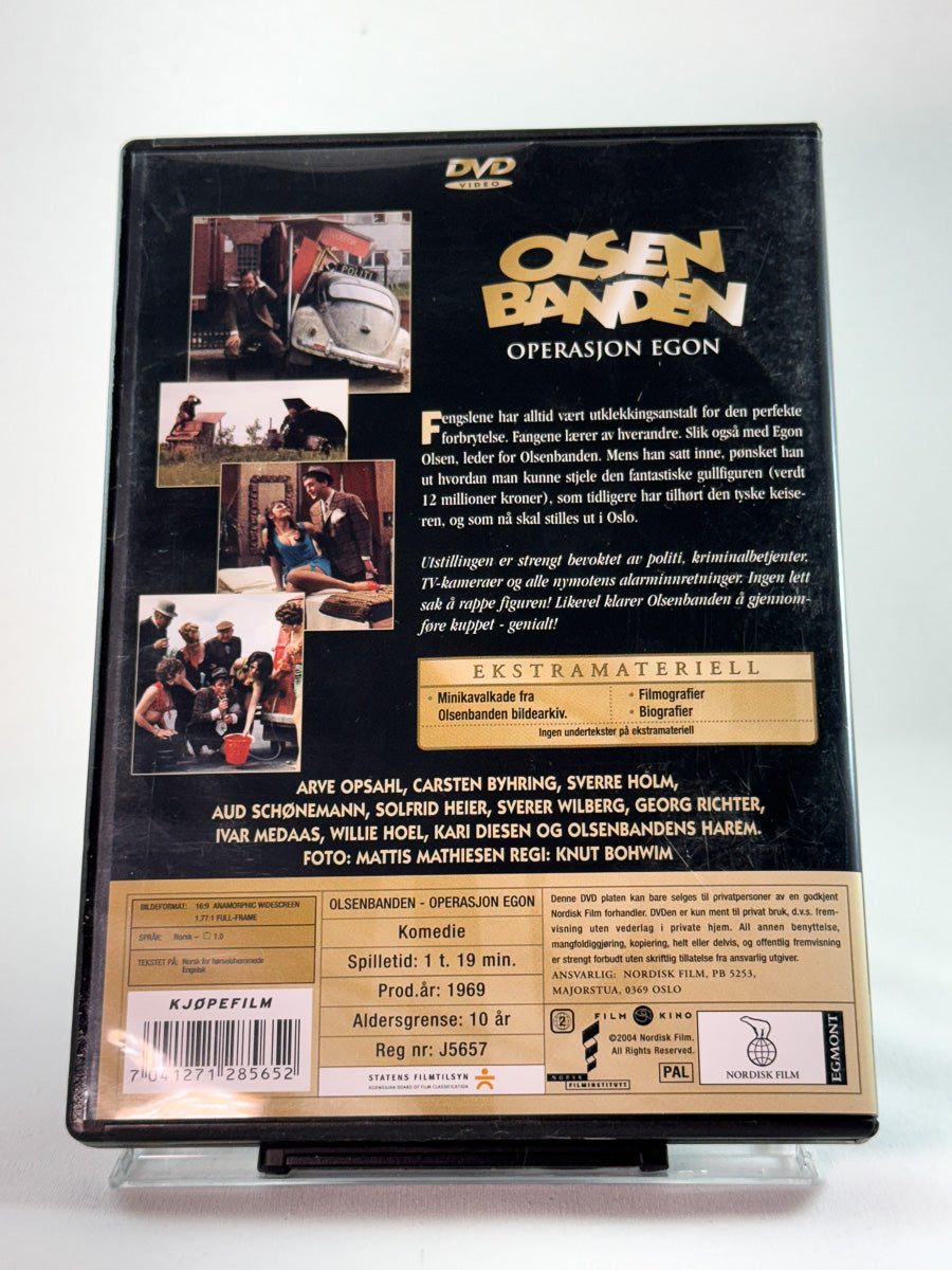 Bakside av DVD-cover til Olsenbanden – Operasjon Egon, bruktfilm hos nettbutikken Brukbar Film