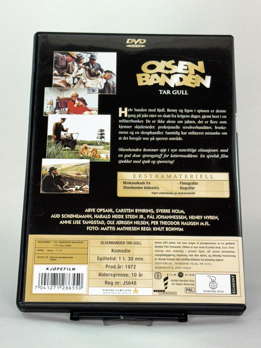 Bakside av DVD-cover til Olsenbanden tar gull, brukt norsk film på DVD, klassiker fra Brukbar Film.