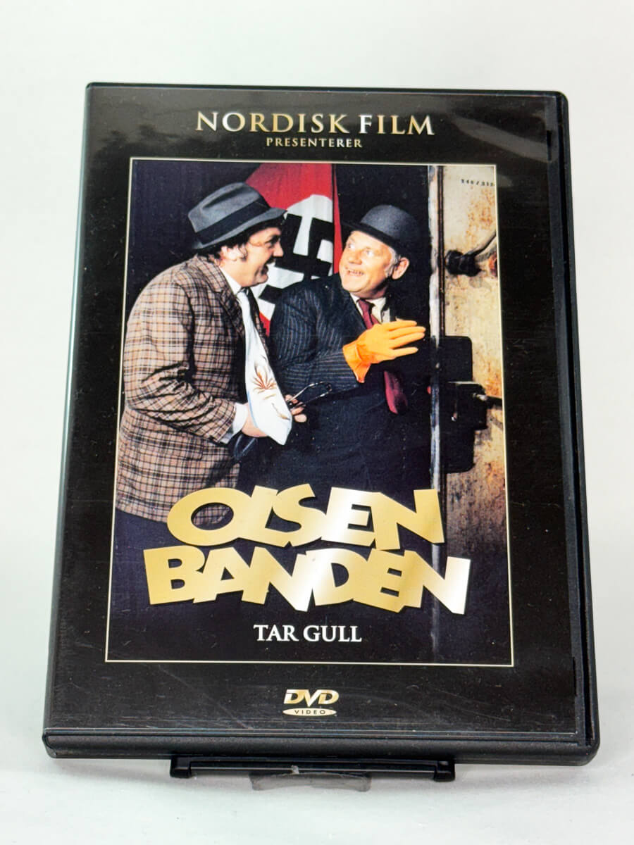 Forside av brukt DVD-film Olsenbanden tar gull, norsk klassisk komedie fra Nordisk Film, forside av originalt cover hos Brukbar Film.