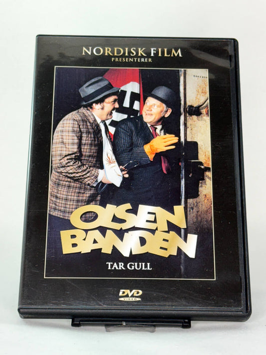 Forside av brukt DVD-film Olsenbanden tar gull, norsk klassisk komedie fra Nordisk Film, forside av originalt cover hos Brukbar Film.