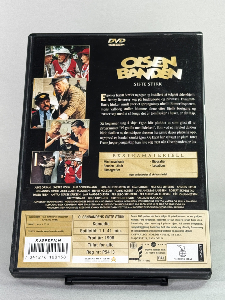 DVD-bakside til filmen Olsenbandens siste stikk
Baksiden viser info, spesifikasjoner og eventuell ekstratekst – produktbilde fra nettbutikken Brukbar Film