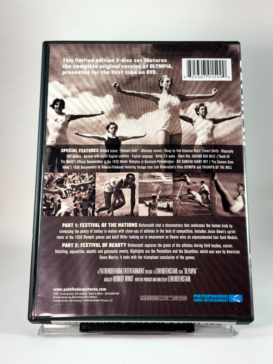 Olympia – The Complete Original Version – bakside av DVD-cover med innhold og ekstramateriale, brukt DVD hos Brukbar Film