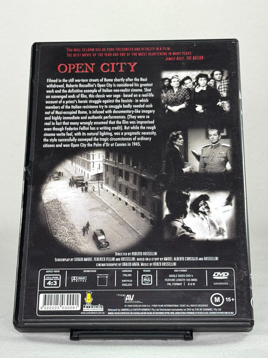 Bakside av DVD-cover til Open City – informasjon og spesifikasjoner for denne italienske klassikeren på brukt DVD