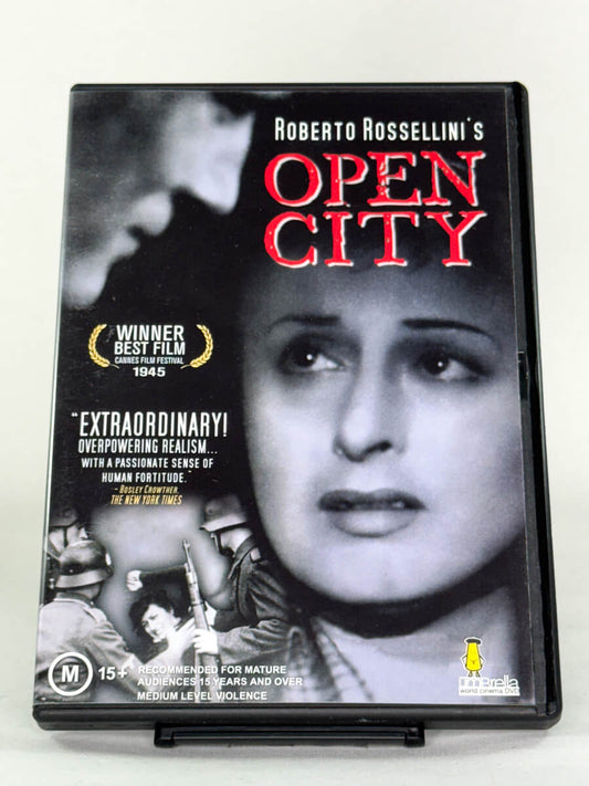 Forside av DVD-cover til Open City – Roberto Rossellinis klassiker på brukt DVD, tilgjengelig hos Brukbar Film