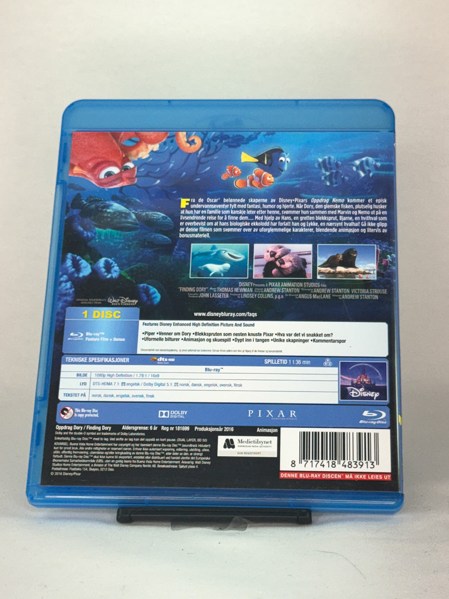 Bakside av Blu-ray-cover for Oppdrag Dory – brukt original Disney Pixar-film fra Brukbar Film
