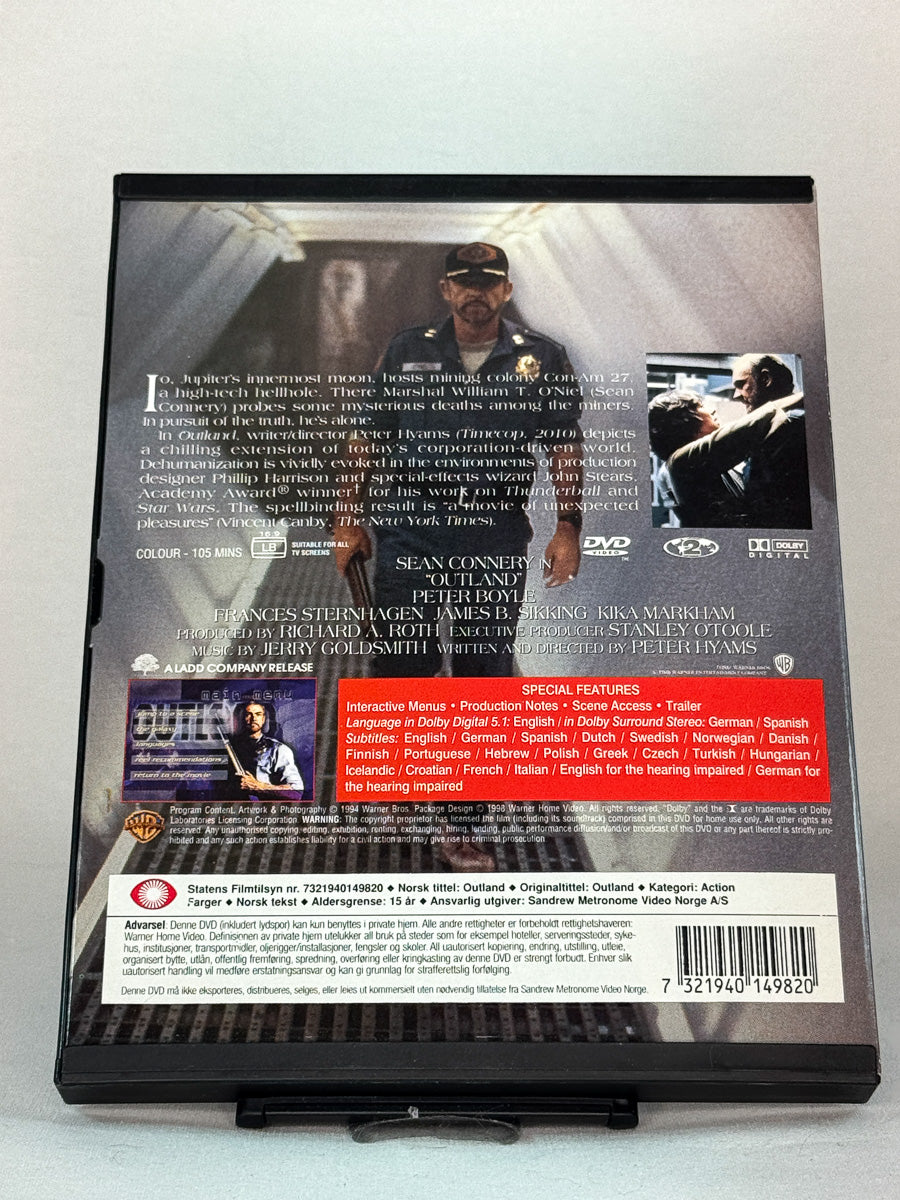 Bakside av DVD-cover til Outland, brukt original DVD hos Brukbar Film