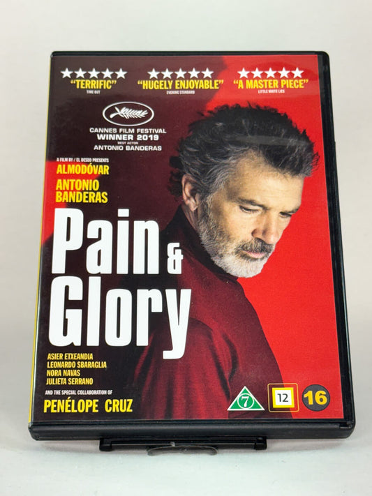 Forside av DVD-cover til Pain and Glory av Pedro Almodóvar med Antonio Banderas og Penélope Cruz – prisvinnende drama om liv, minner og skapelse, brukt DVD hos Brukbar Film.