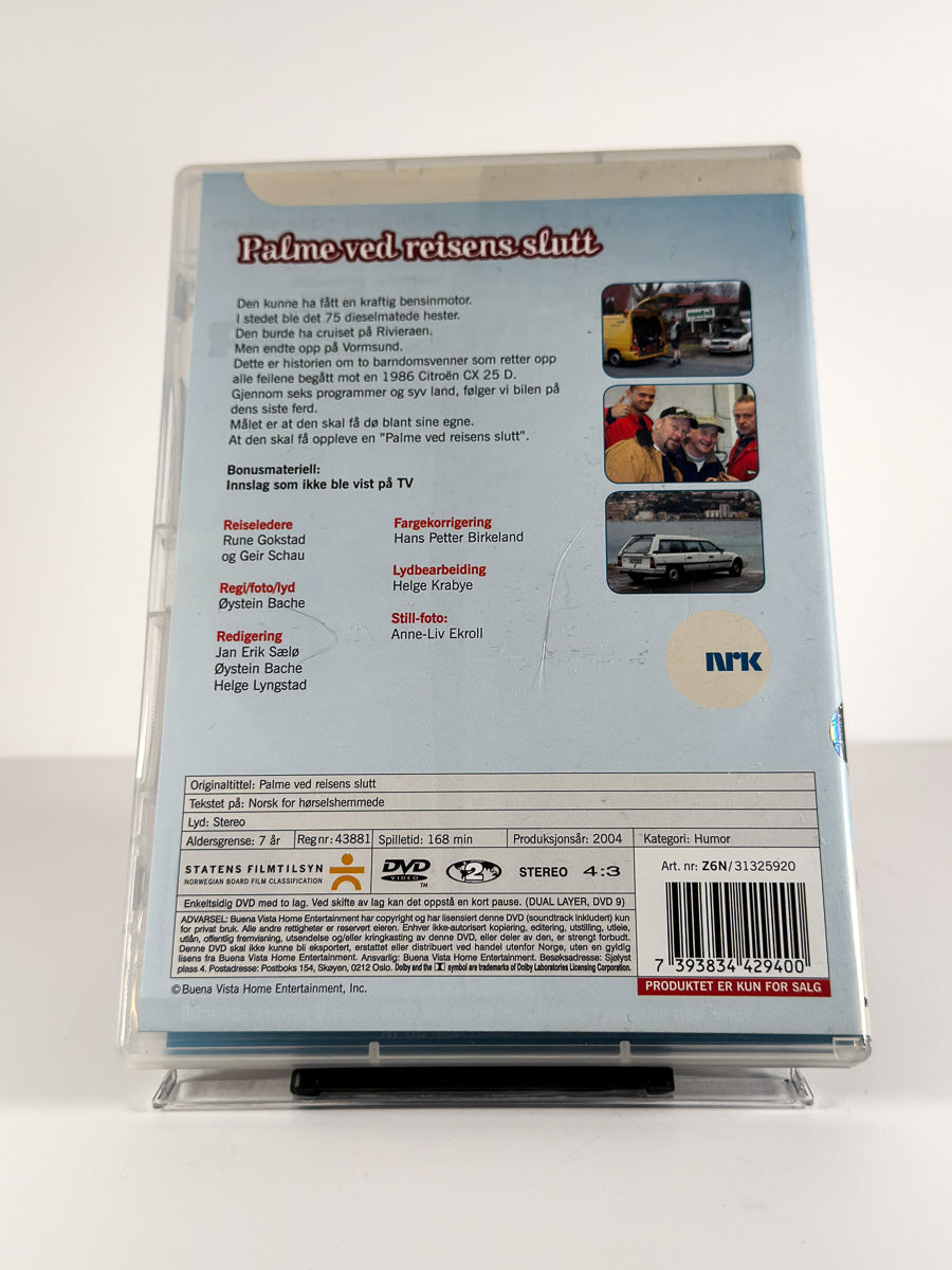 Bakside av cover til Palme ved reisens slutt på DVD hos Brukbar Film
