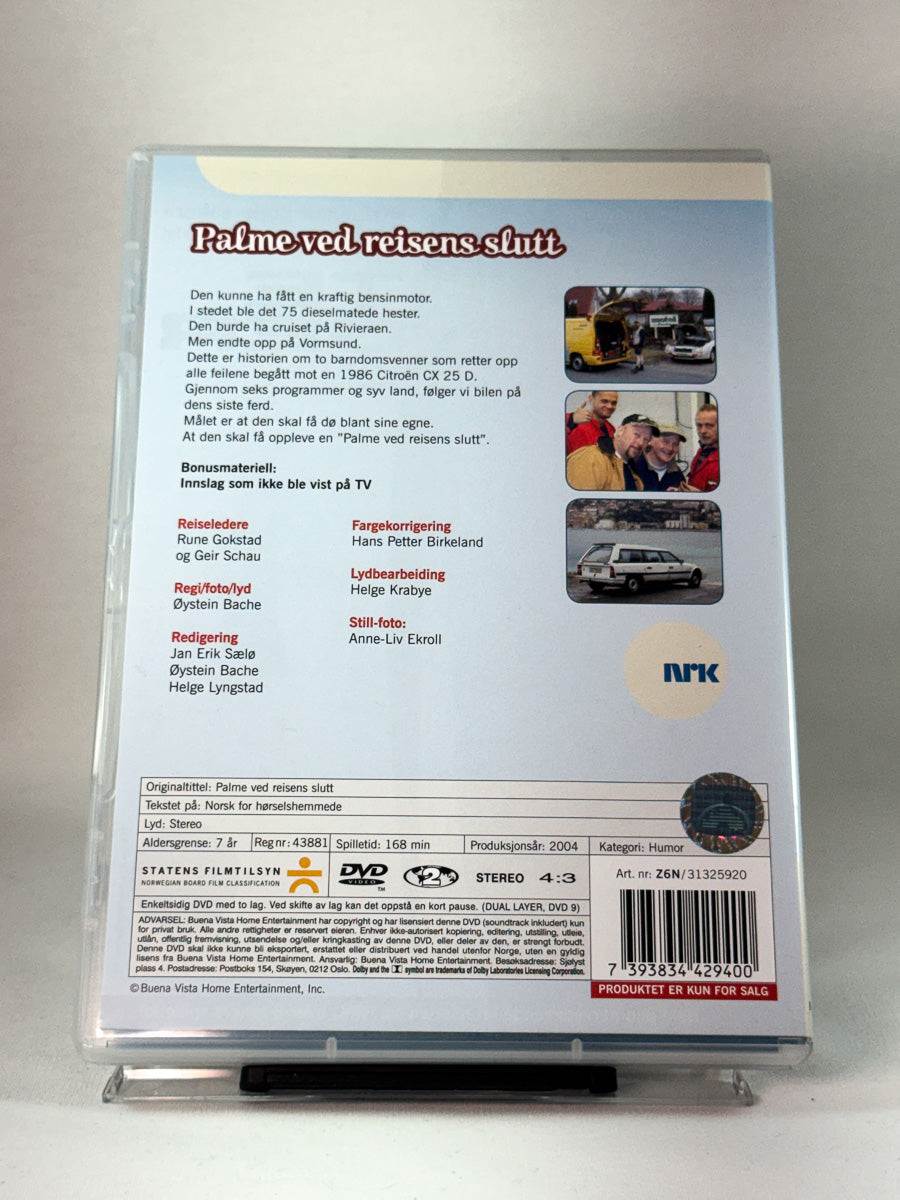 Bakside av DVD-cover til Palme ved reisens slutt, brukt NRK-utgivelse tilgjengelig hos Brukbar Film