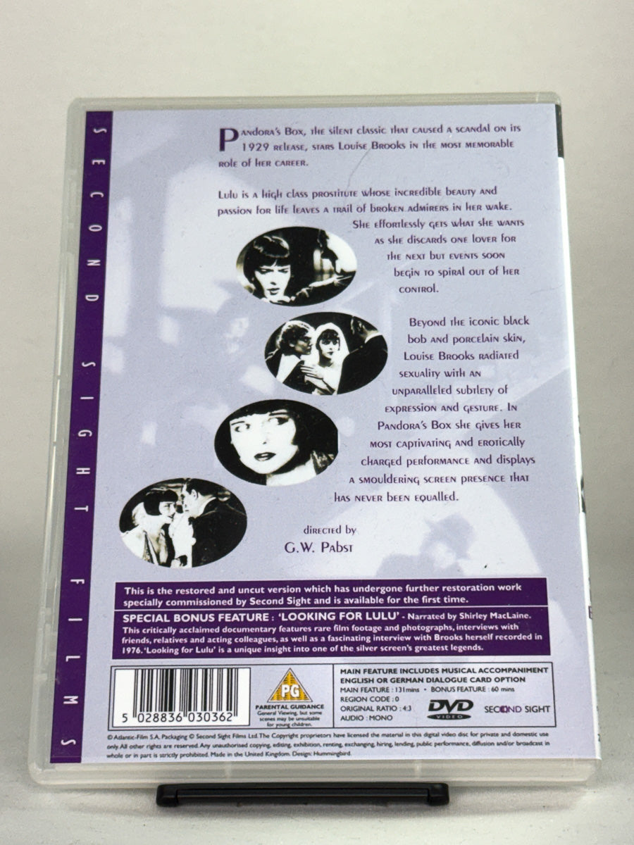 Bakside av DVD-cover til Pandora’s Box – brukt original stumfilmklassiker på DVD, tilgjengelig hos Brukbar Film