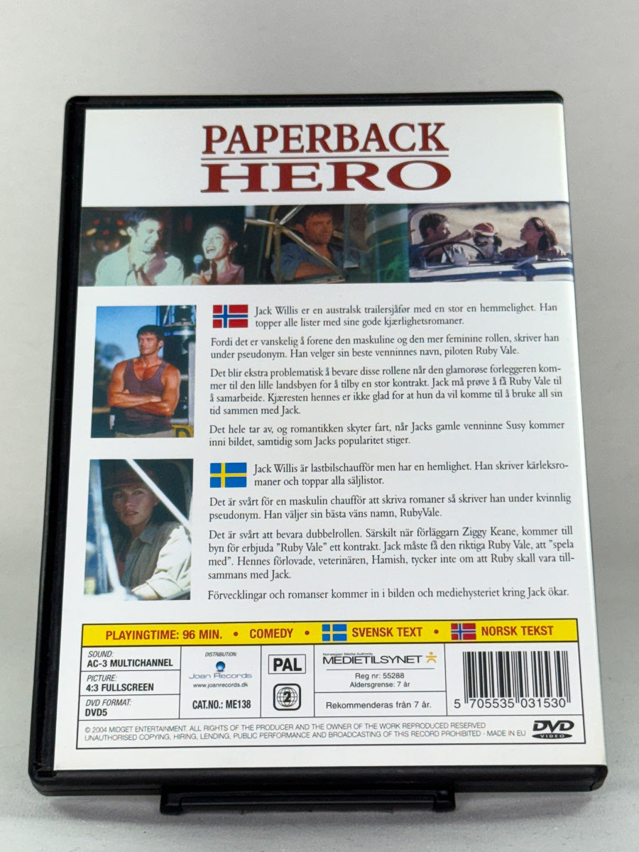 Bakside av DVD-cover til Paperback Hero, bruktfilm hos nettbutikken Brukbar Film