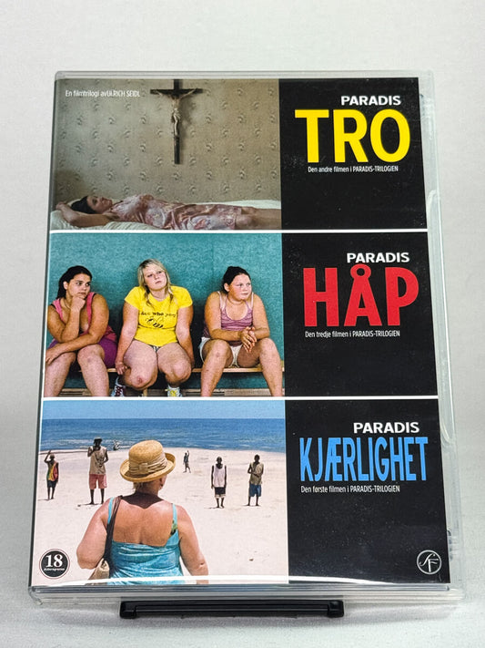 Forsidebilde av DVDcover til Paradis-trilogien – brukt europeisk drama på DVD fra Brukbar Film