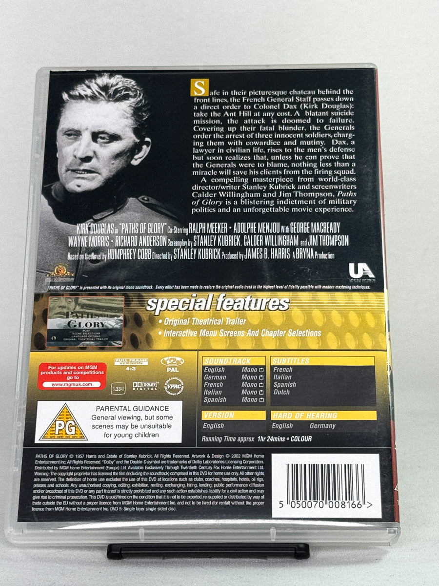 Bakside av DVDcover til Paths of Glory – brukt krigsdrama på DVD, tilgjengelig hos Brukbar Film