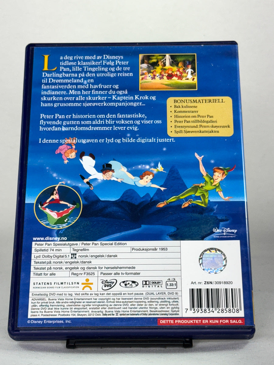 DVD-bakside til filmen Peter Pan
Baksiden viser info, spesifikasjoner og eventuell ekstratekst – produktbilde fra nettbutikken Brukbar Film