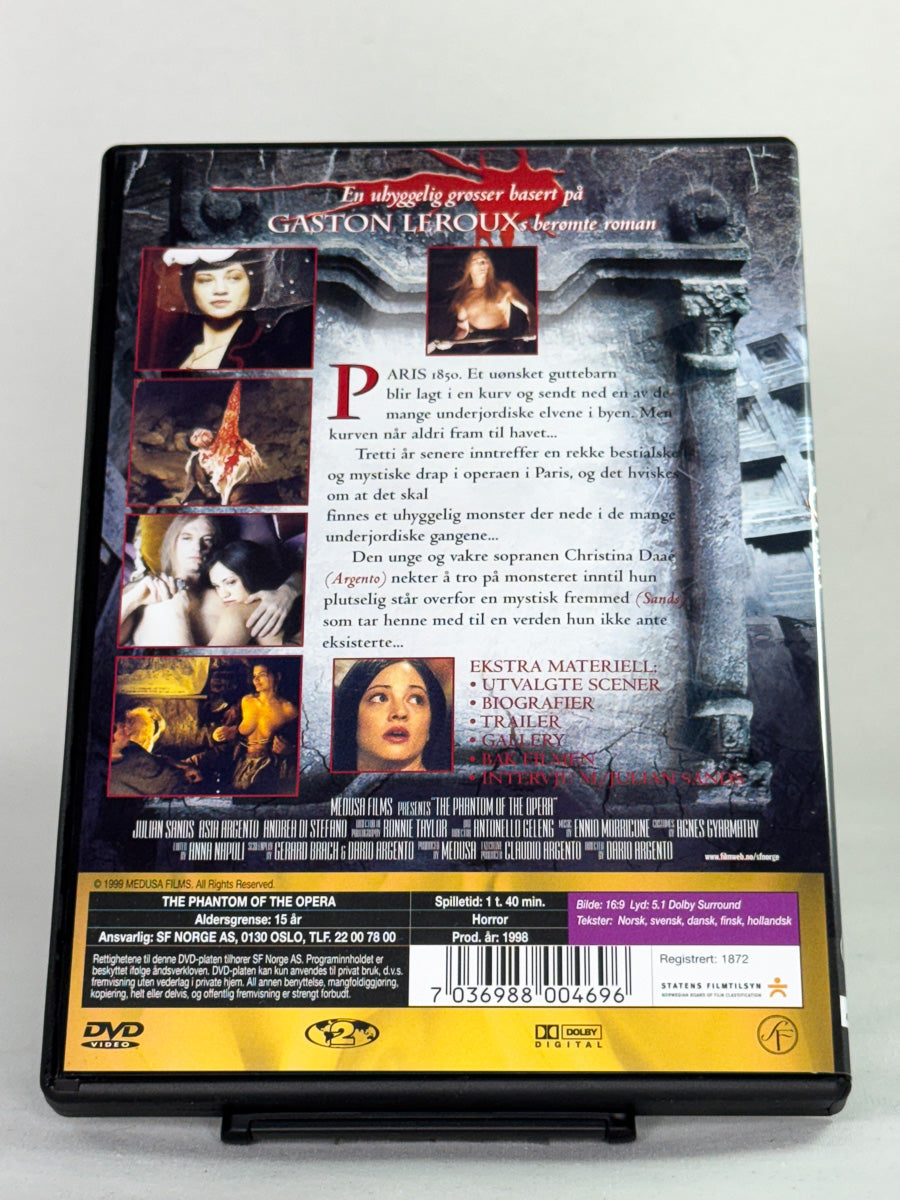 Bakside av DVD-cover til The Phantom of the Opera – detaljer om denne brukte DVD-utgivelsen fra Brukbar Film