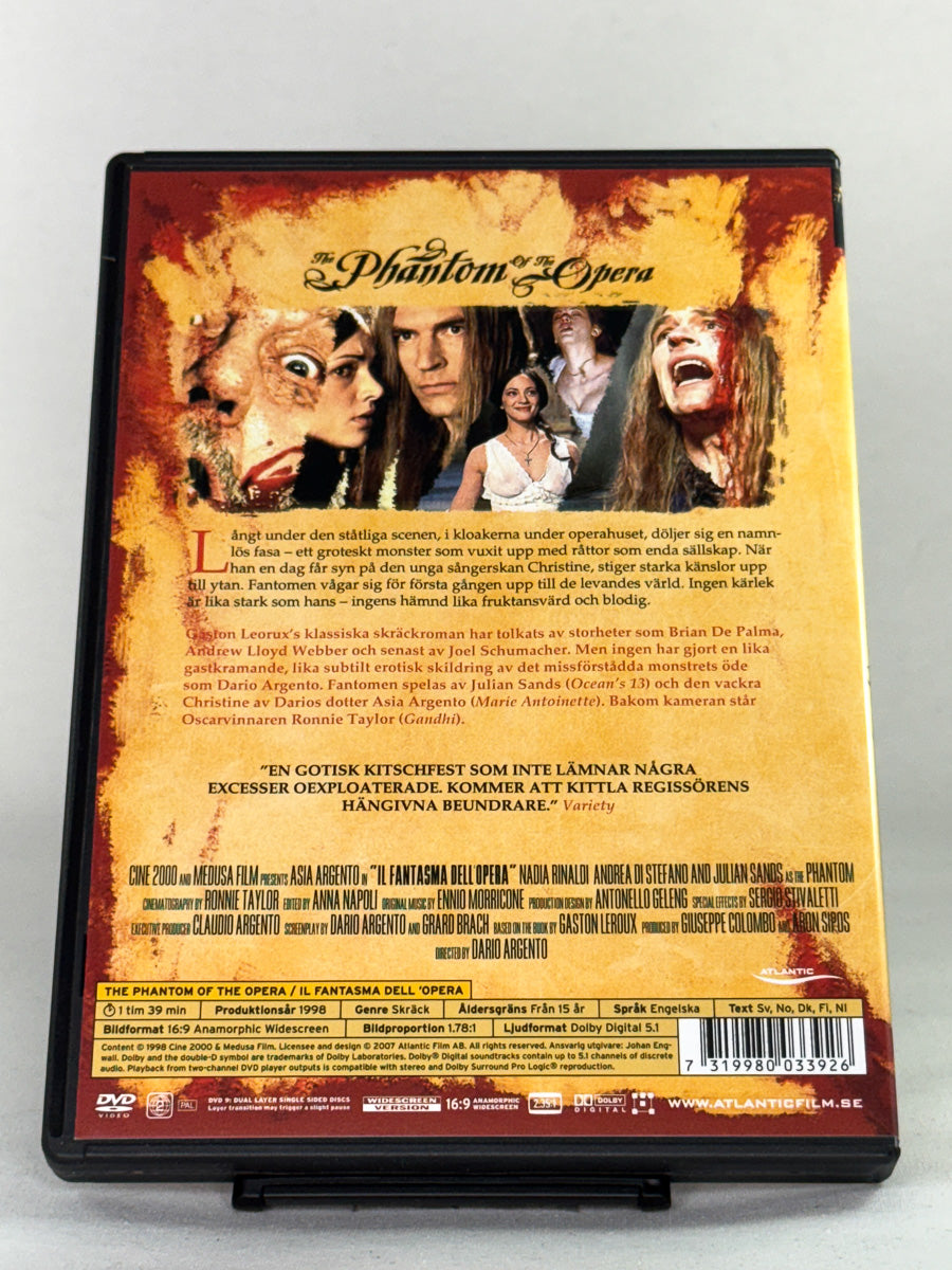 Bakside av DVD-cover til The Phantom of the Opera – detaljer om denne brukte DVD-utgivelsen fra Brukbar Film