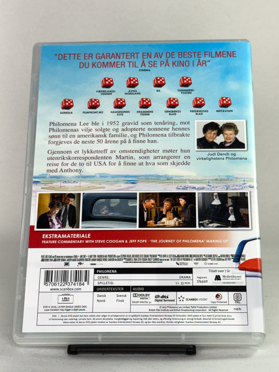 Bakside av DVD-cover til Philomena, bruktfilm hos nettbutikken Brukbar Film