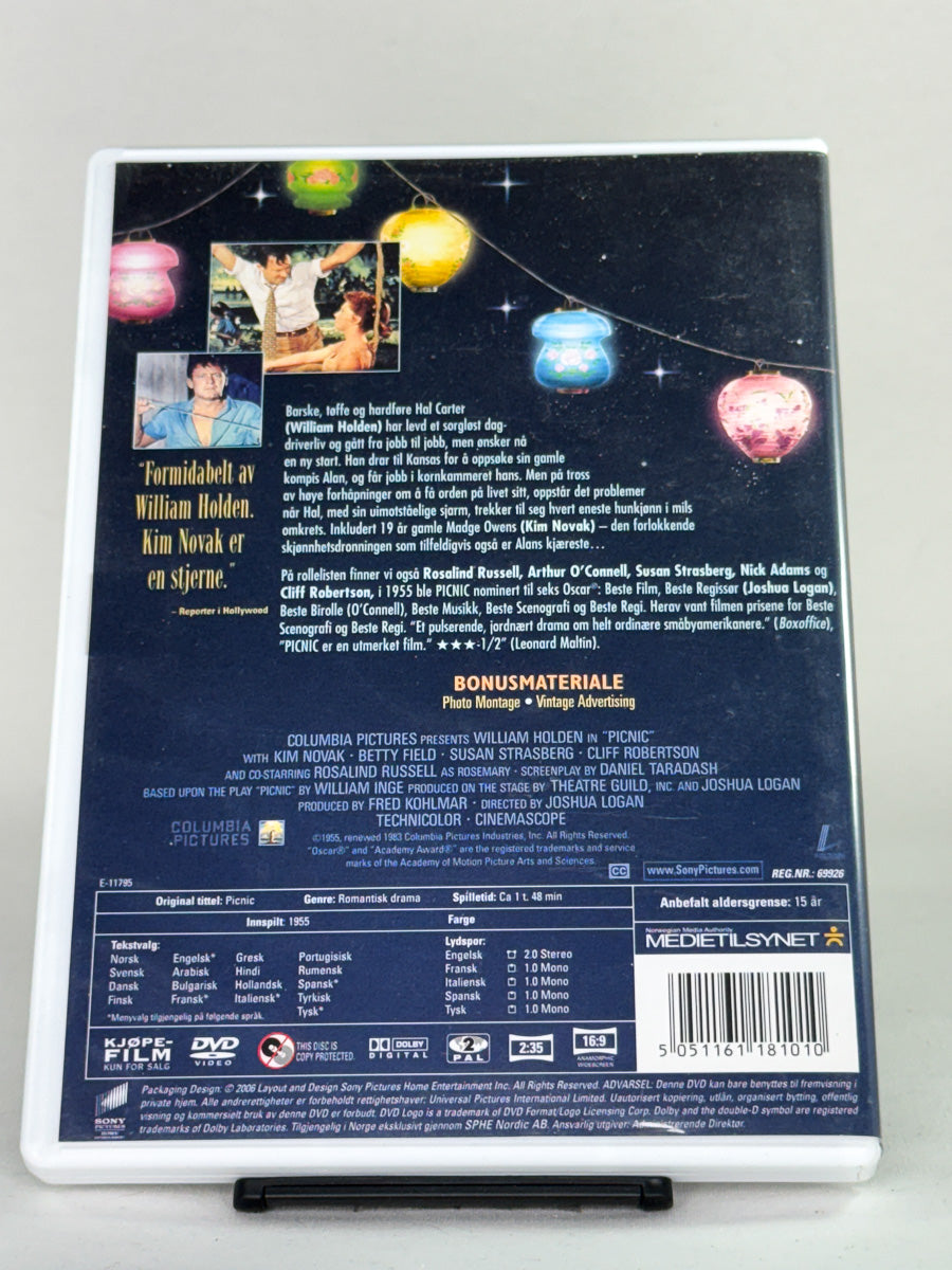 Bakside av DVDcover til Picnic – brukt amerikansk filmklassiker på DVD, tilgjengelig hos Brukbar Film