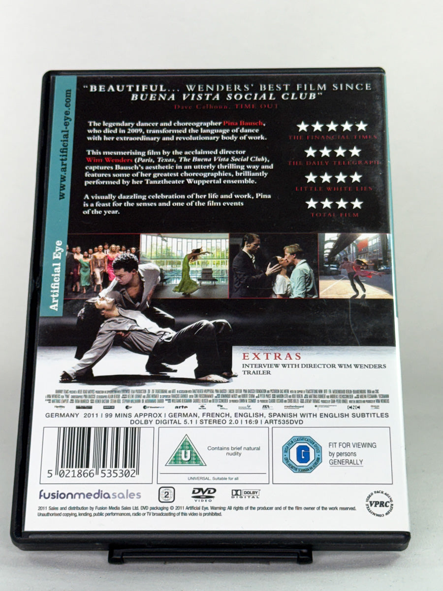 Bakside av DVDcover til Pina – brukt originalfilm på DVD, dans og dokumentar fra Brukbar Film
