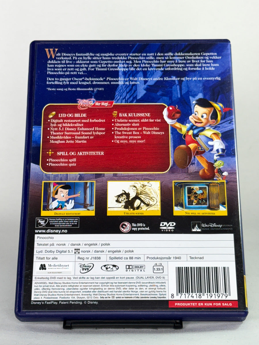 DVD-bakside til filmen Pinocchio
Baksiden viser info, spesifikasjoner og eventuell ekstratekst – produktbilde fra nettbutikken Brukbar Film