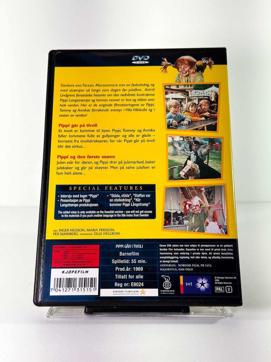 Bakside av cover til Pippi 3, bruktfilm på DVD hos Brukbar Film