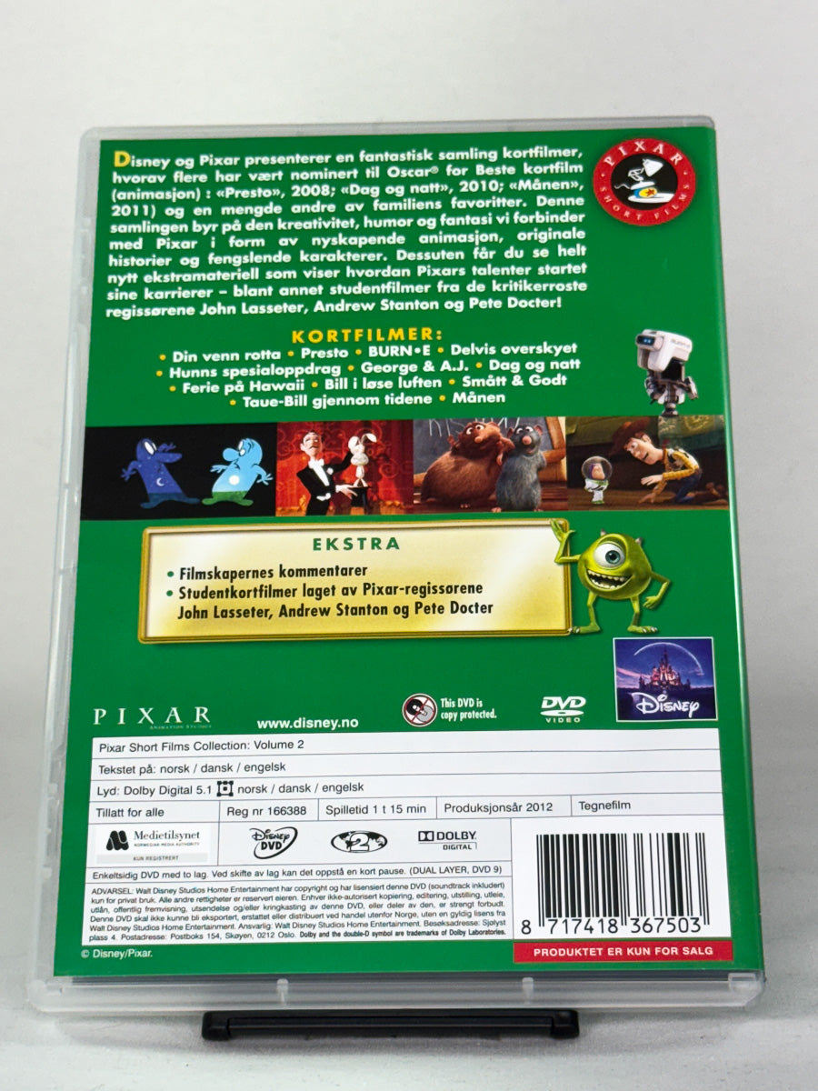 DVD-bakside til filmen Pixar Short Films Collection: Volume 2
Baksiden viser info, spesifikasjoner og eventuell ekstratekst – produktbilde fra nettbutikken Brukbar Film