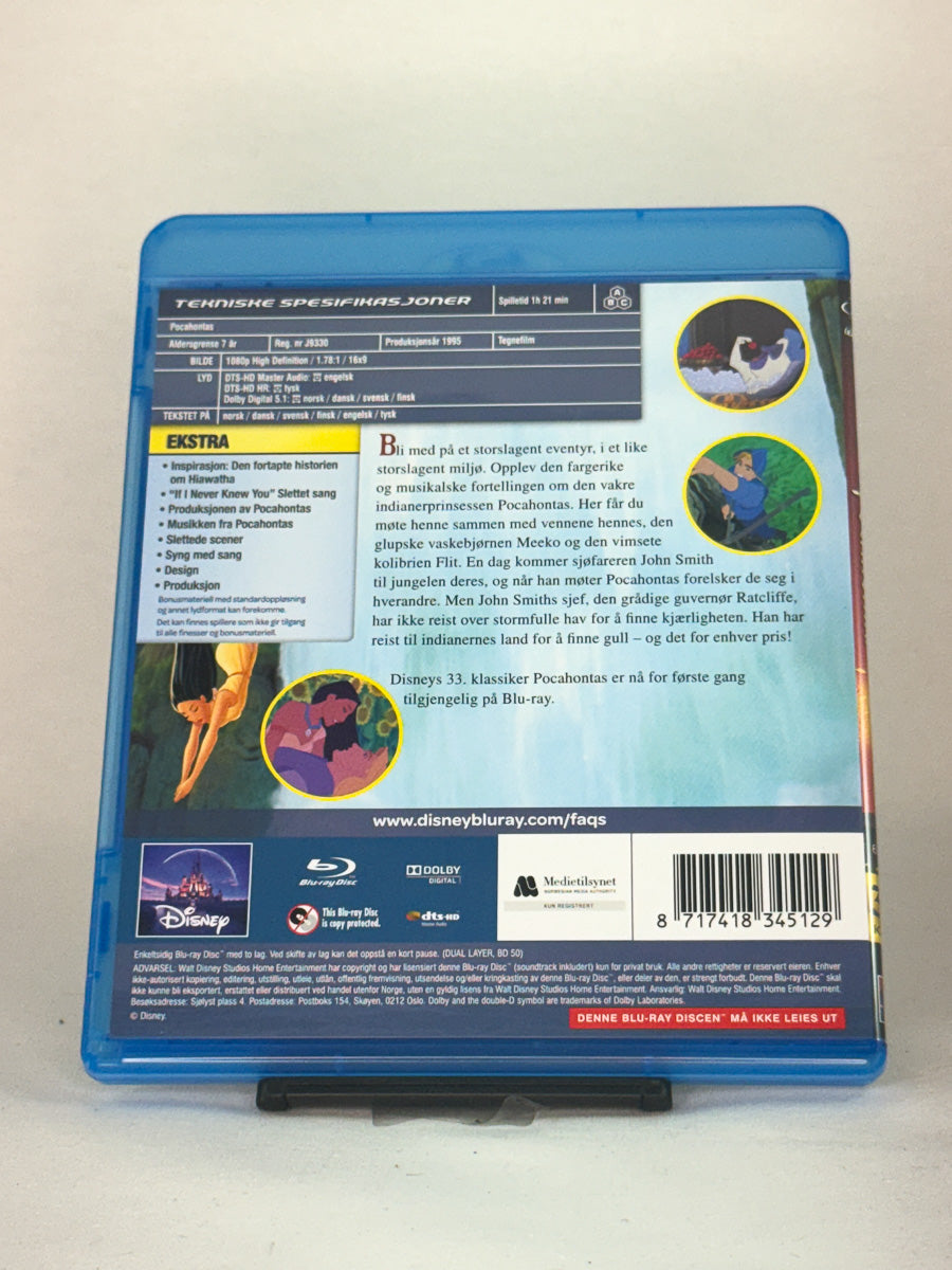 Bakside av Blu-ray-cover for Pocahontas – brukt original Disney animasjonsfilm på Blu-ray fra Brukbar Film