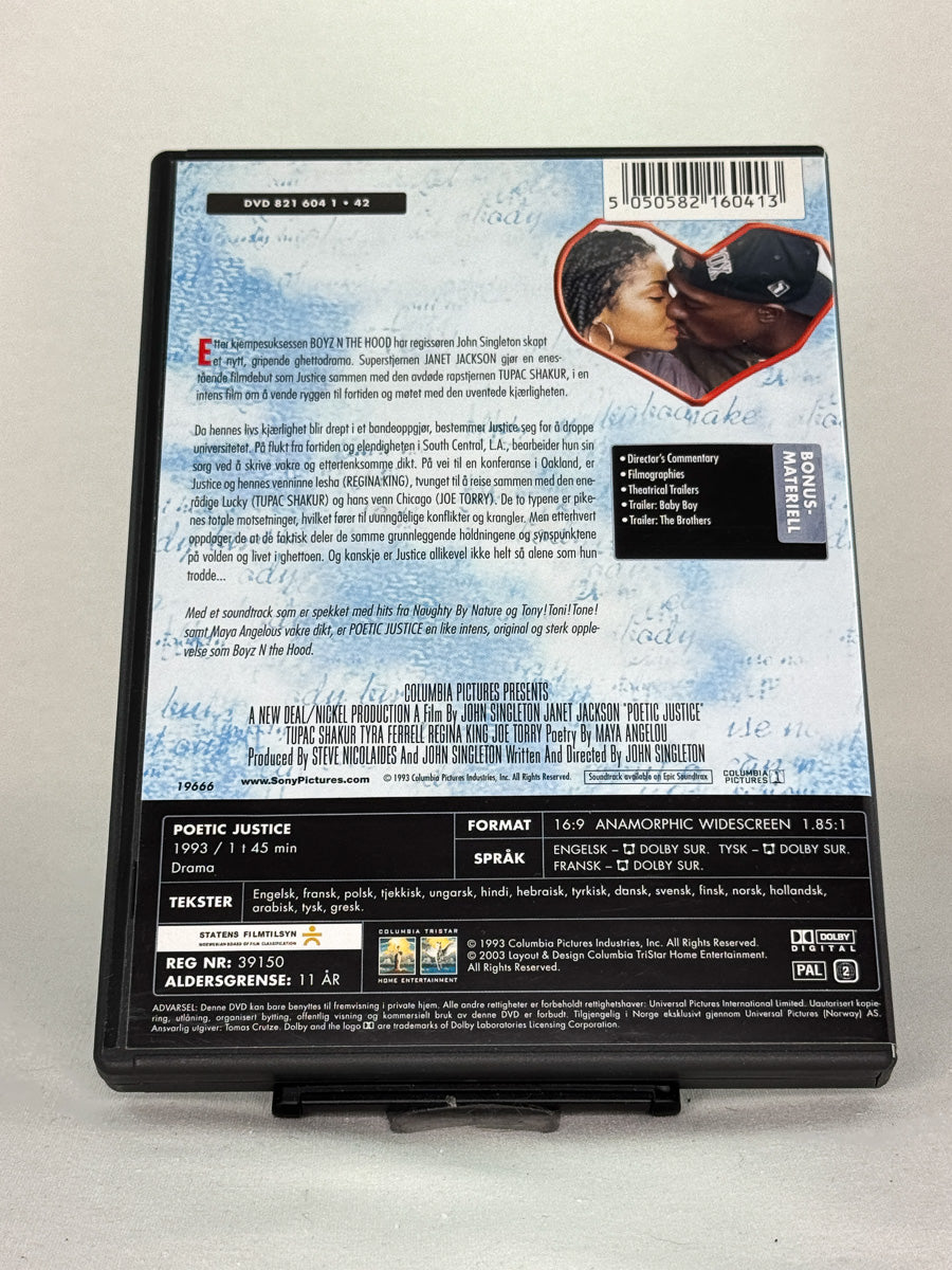 Bakside av DVD-cover til Poetic Justice – sterk og poetisk kjærlighetshistorie fra bylivet i Los Angeles, bruktfilm på DVD hos Brukbar Film.
