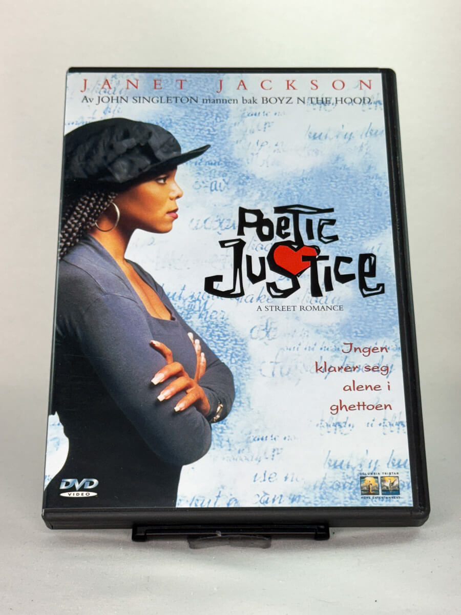 Forside av DVD-cover til Poetic Justice – romantisk drama med Janet Jackson og Tupac Shakur, regissert av John Singleton, brukt DVD hos Brukbar Film.