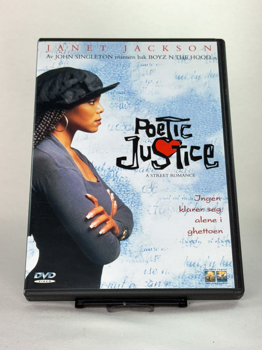 Forside av DVD-cover til Poetic Justice – romantisk drama med Janet Jackson og Tupac Shakur, regissert av John Singleton, brukt DVD hos Brukbar Film.