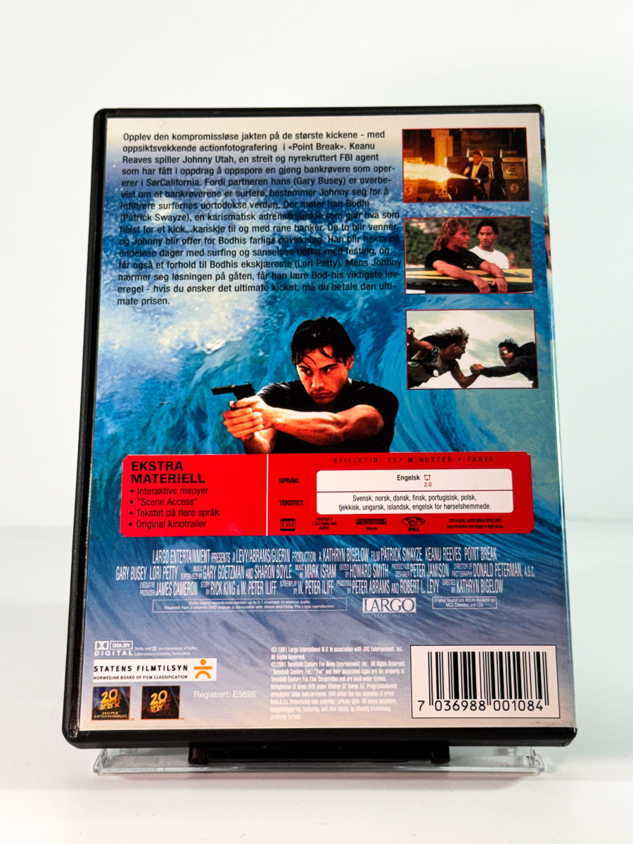 Bakside av cover til point break, brukt original DVD hos Brukbar Film